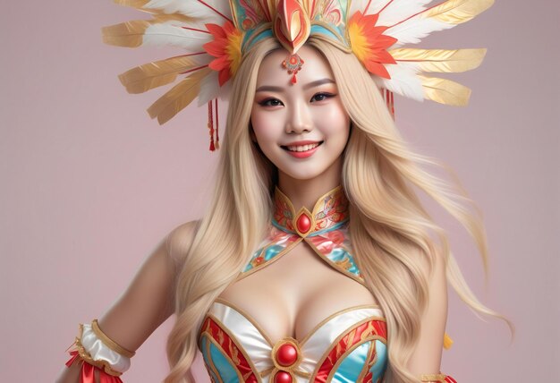 Photo beautiful asian woman in indian costume with feathers on her head
