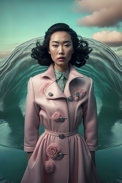 Beautiful asian woman intricate 40s hairstyle retrofuturistic beautiful ocean waves landscape space capsule in the water AI Generated