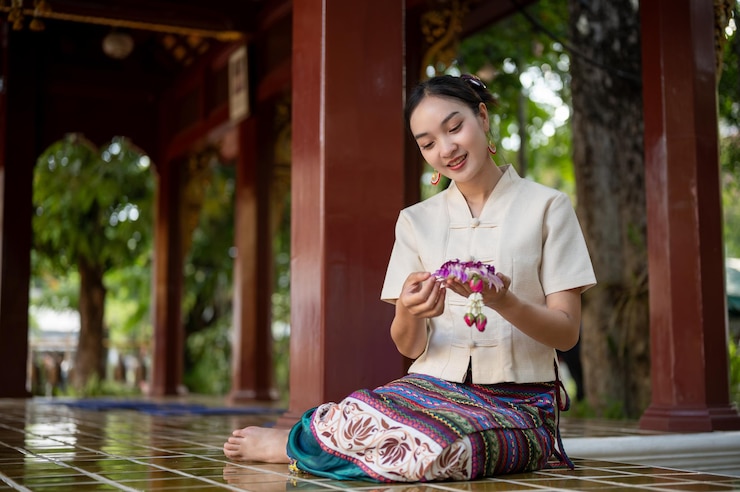 Photo 美しいアジア人女性が手に花束を持って寺院のパビリオンに座っています