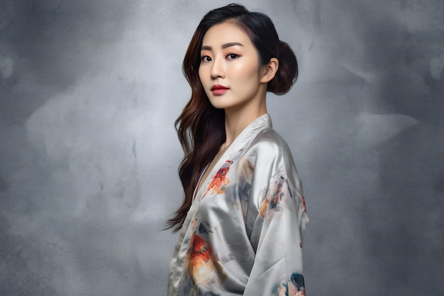 Beautiful asian woman in kimono on grey background