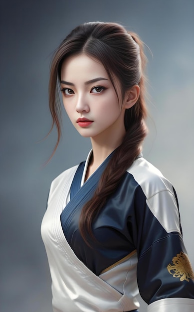 회색 배경에 기모노 초상화를 입은 아름다운 아시아 여성