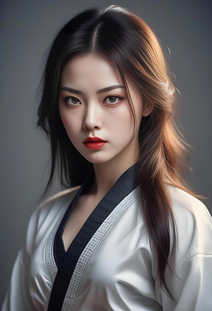 Beautiful asian woman in kimono with red lips on gray background