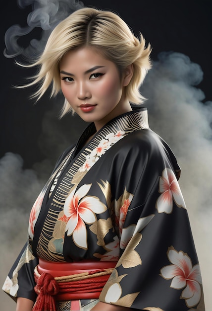 Photo beautiful asian woman in kimono with white smoke on black background