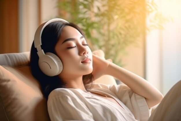 Beautiful asian woman listening to music with headphones on sofa at home