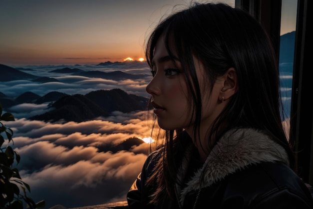 Beautiful asian woman looking at sunrise over the sea of fog