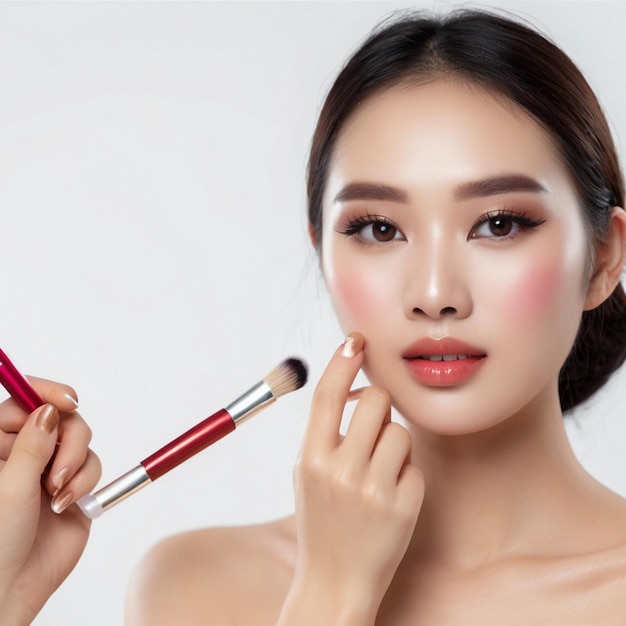 아름다운 아시아 여성 의 메이크업 시험 을 통해 완벽 한 외모 를 얻는다