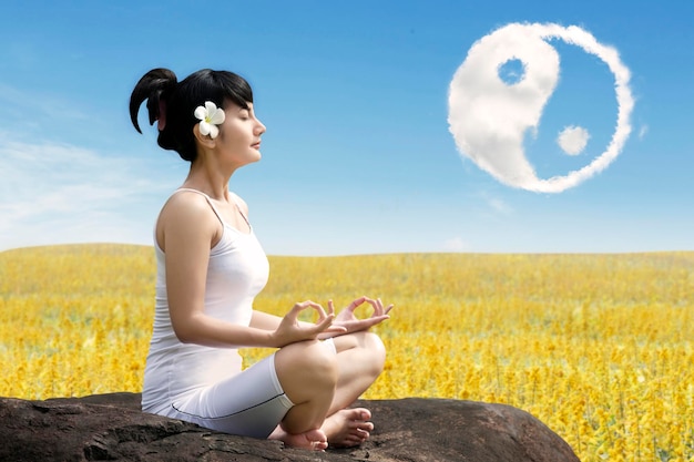 写真 空に陰陽の雲のシンボルがある草原の岩の上で屋外で瞑想している美しいアジア人女性