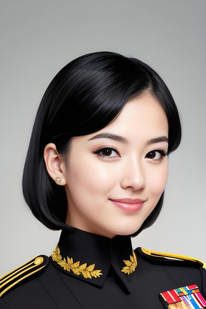 Beautiful asian woman in military uniform closeup portrait