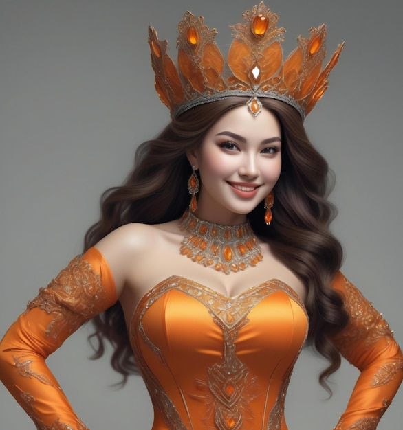 Beautiful asian woman in orange dress with diadem and crown