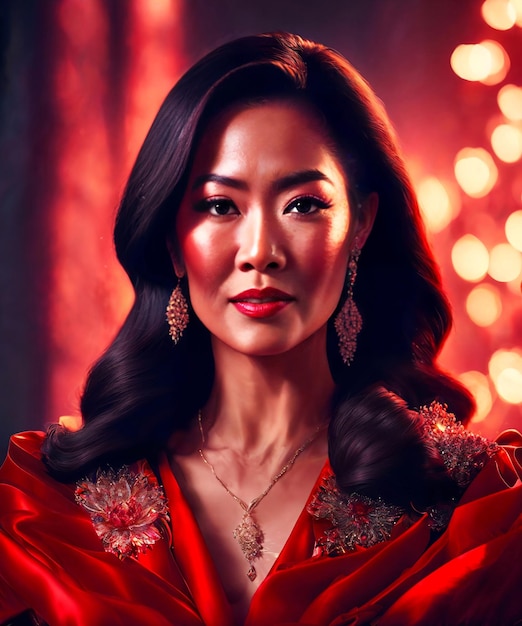 Beautiful asian woman at party event red theme generative AI
