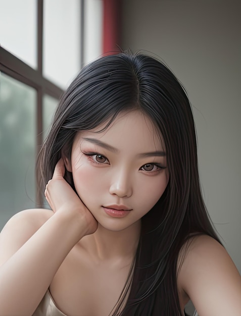 Photo beautiful asian woman photo portrait of a charming flirty brunette woman posing in the studio