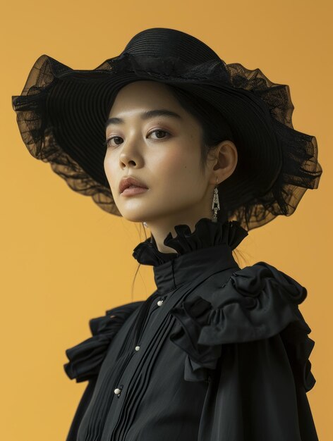 사진 검은색 페도라 모자와 검은색 럭셔리 옷을 입은 아름다운 아시아 여성