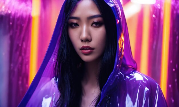 beautiful asian woman in purple raincoat walking in the city ai generative