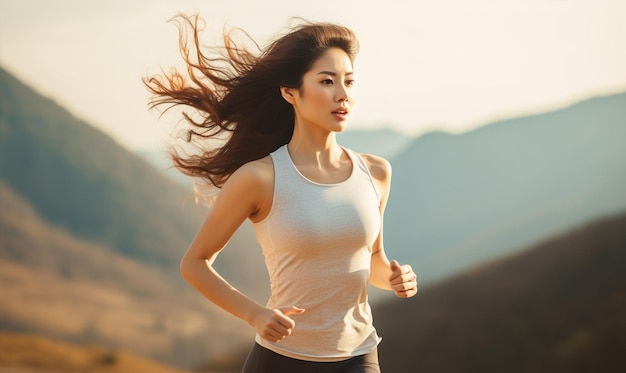 Beautiful asian woman running trail outdoor workout on view of mountain living healthy lifestyle