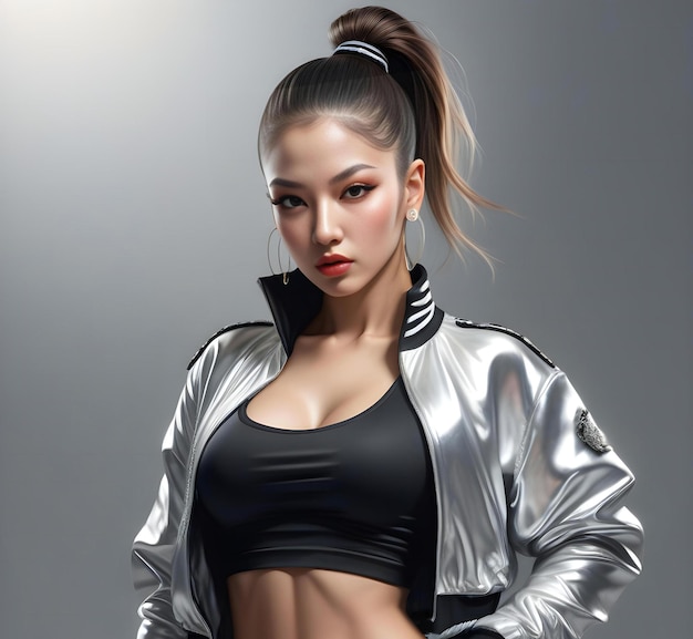 Beautiful asian woman in silver latex costume on grey background