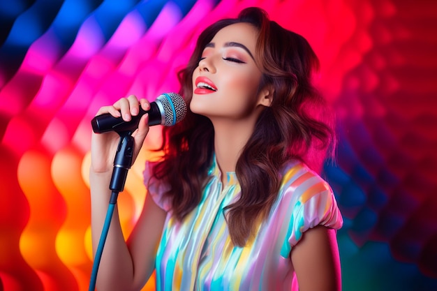 Beautiful Asian woman singing in a karaoke with neon lights around