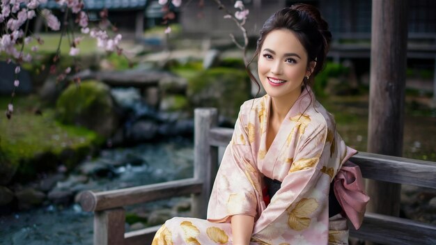 Beautiful asian woman sitting on bench and smiling