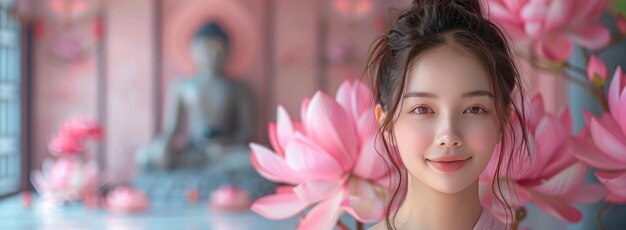 Beautiful asian woman smile and relax with pink lotus flower