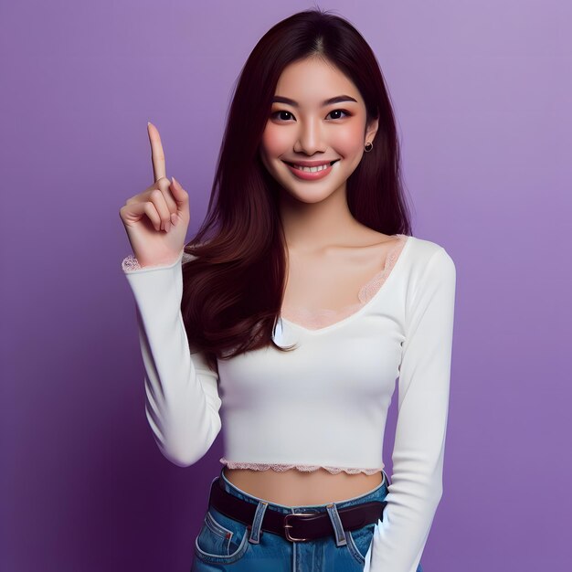 Beautiful Asian woman smiling and pointing hand up while stand with purple color backgroun