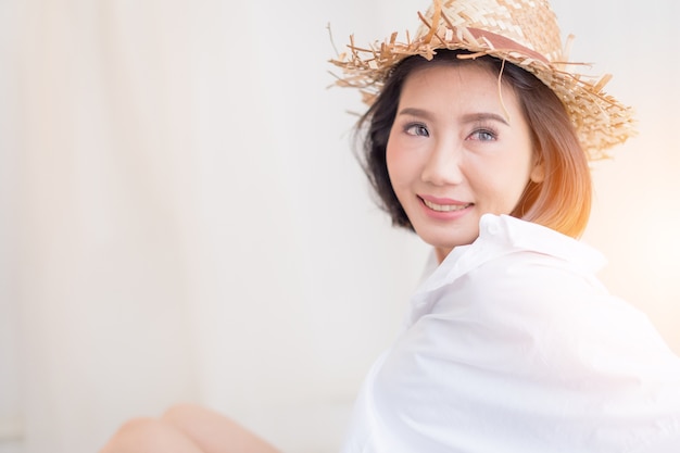 beautiful asian woman in summer costume travel concept 