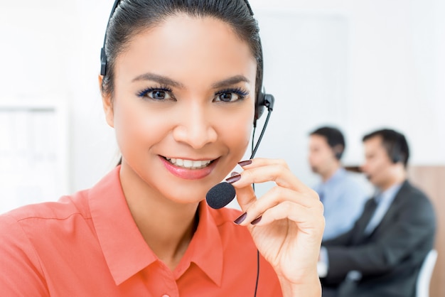 Beautiful asian woman telemarketing customer service agent working in call center