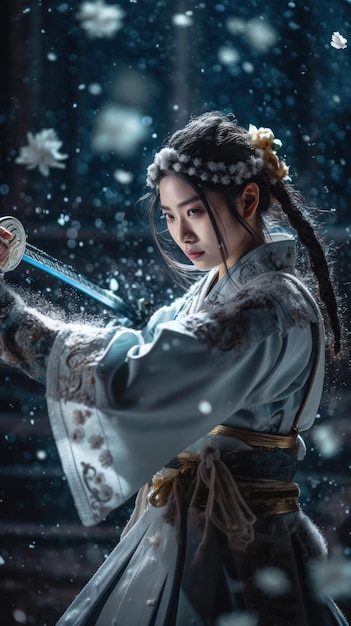 Beautiful asian woman in traditional chinese dress in the rain Generative AI