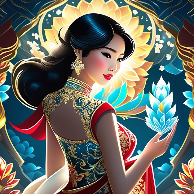 Beautiful asian woman in traditional costume 3d illustration Generative AI