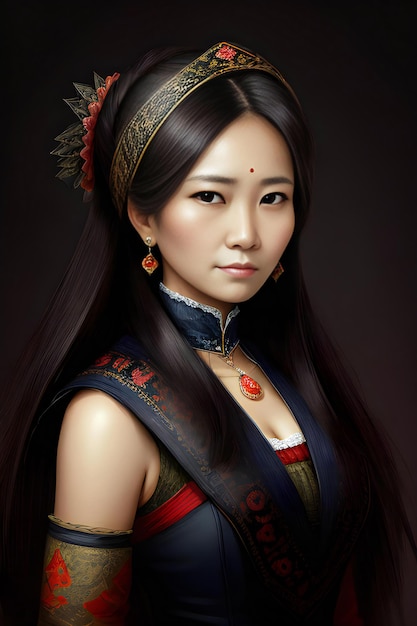 Beautiful asian woman in traditional costume closeup portrait