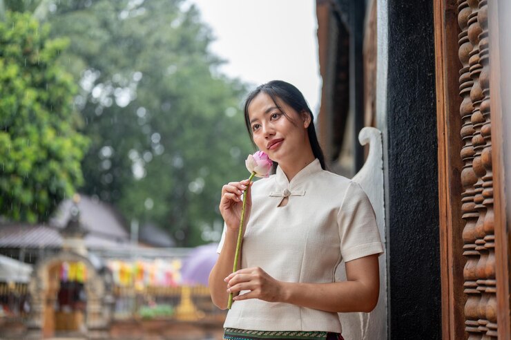 Photo 伝統的な服を着た美しいアジア人女性が蓮を手に寺院に立っています