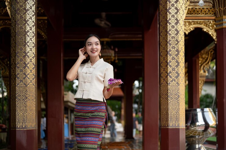 Photo 伝統的なドレスを着た美しいアジア人女性が ⁇ 手に花束を持って寺院に立っています ⁇ 