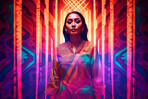 Beautiful asian woman in traditional indian dress posing over neon background