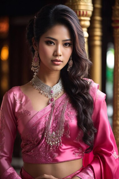 Beautiful Asian Woman in Traditional Pink Dress