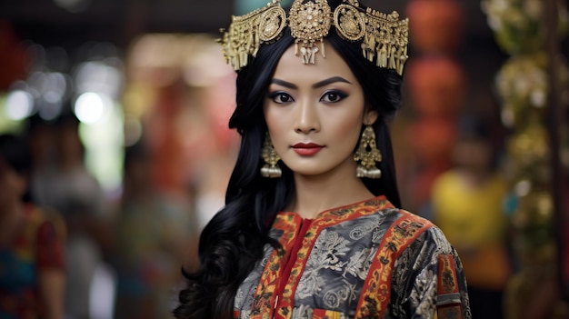 Beautiful Asian woman in traditional Thai costume with black hair and red lips