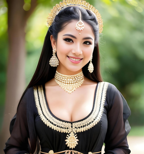 Beautiful asian woman in traditional thai dress with gold jewelry