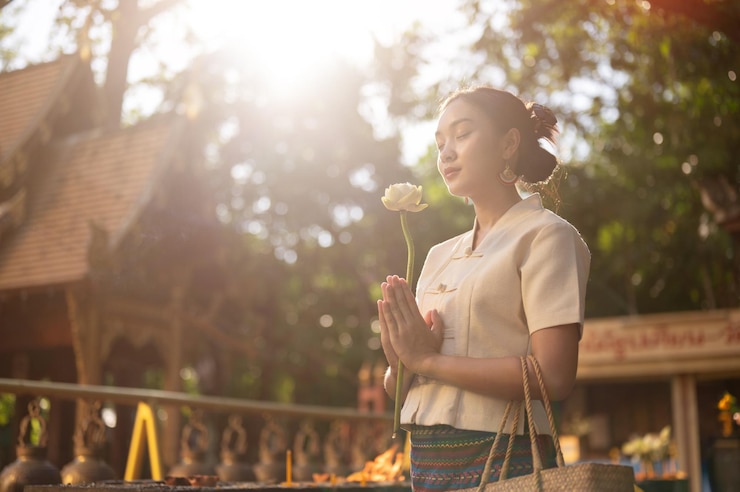 Photo 伝統的なタイの服を着た美しいアジア人女性が寺院で願いを叶えています ⁇ 