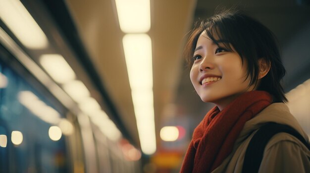 beautiful asian woman in train station