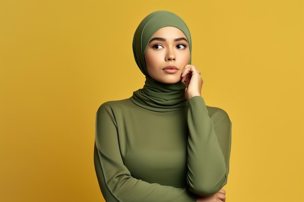 beautiful asian woman in trendy green sweater with beige hijab