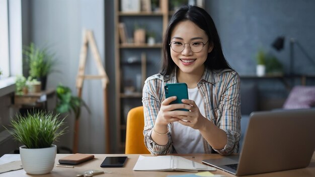 Photo beautiful asian woman using smartphone buying online shopping by credit card while wear casual sitt