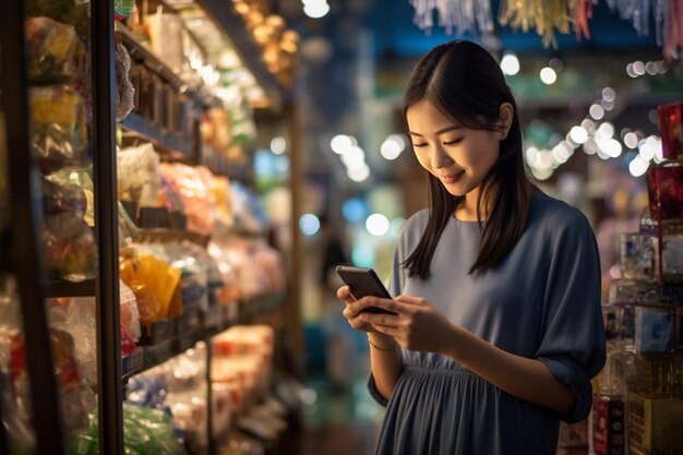 Beautiful asian woman using smartphone buying online shopping