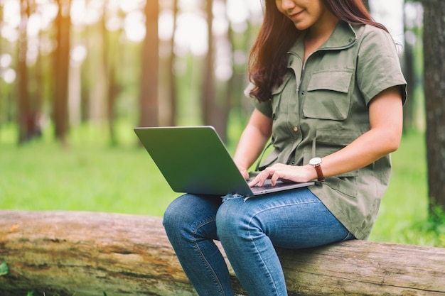 공원에 있는 통나무에 앉아 노트북 키보드를 사용하고 타이핑하는 아름다운 아시아 여성
