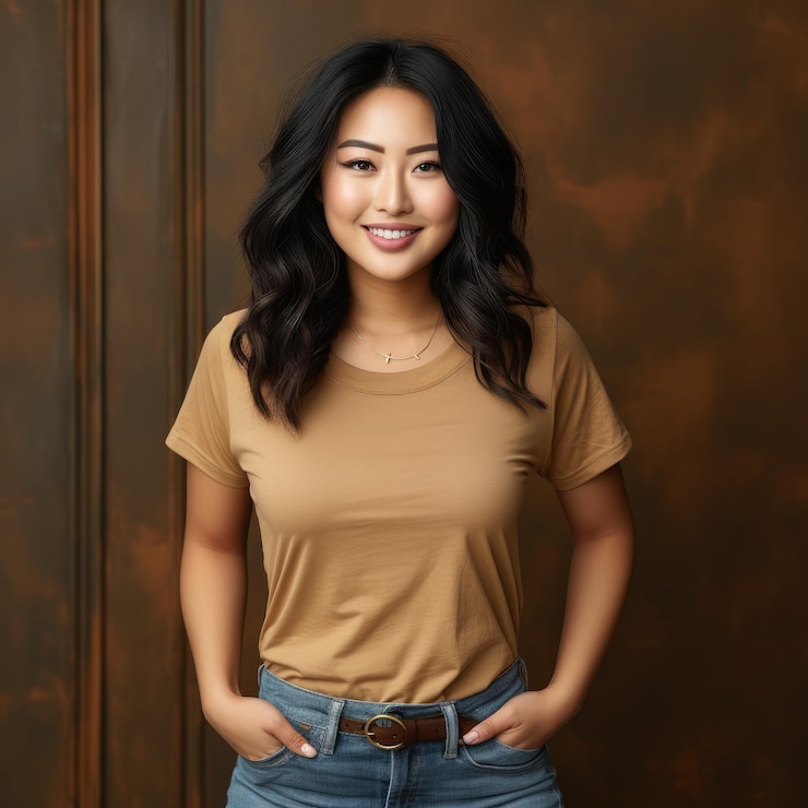 Photo a beautiful asian woman wearing blank tshirt for mockup