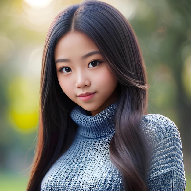 Beautiful asian woman wearing blue sweater and scarf in the park