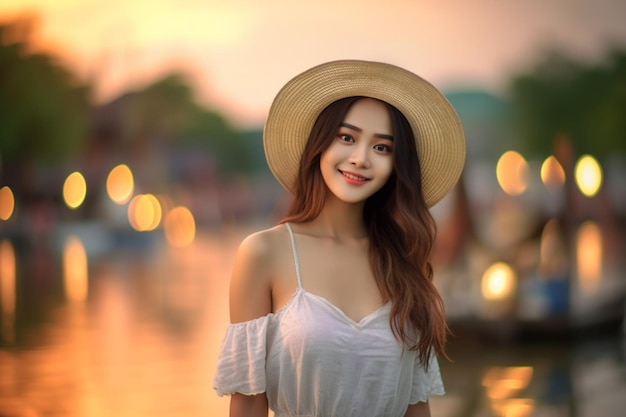 Beautiful asian woman wearing hat smiling