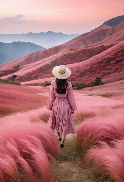 Photo beautiful asian woman wearing pink dress and hat walking on the grassland in the morning