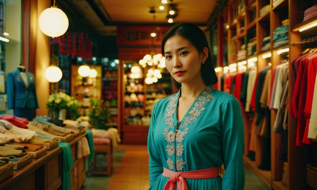 상점에서 전통적인 한푸를 입은 아름다운 아시아 여성