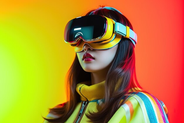 Beautiful asian woman wearing virtual reality goggles