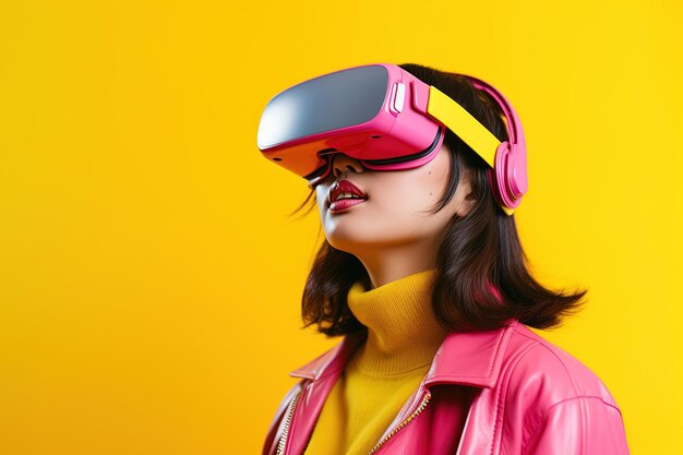 Beautiful asian woman wearing virtual reality goggles