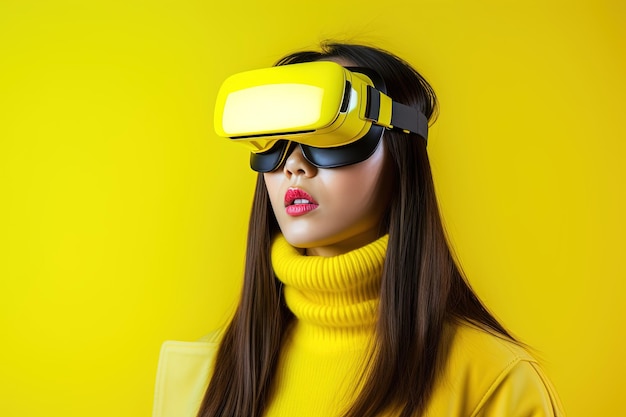 Beautiful asian woman wearing virtual reality goggles