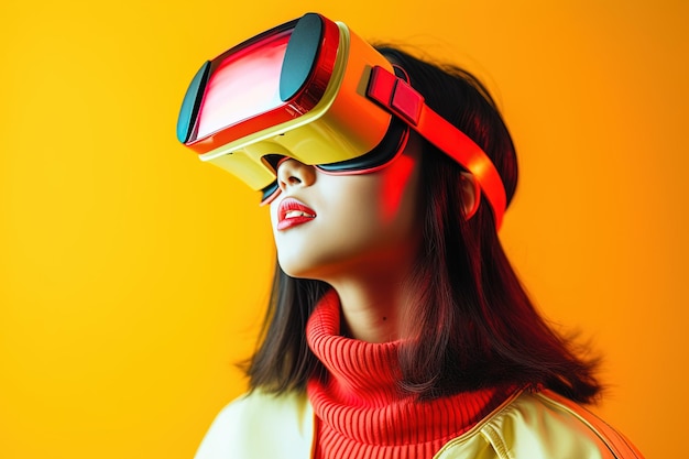 Beautiful asian woman wearing virtual reality goggles