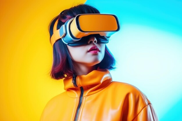 Beautiful asian woman wearing virtual reality on yellow background